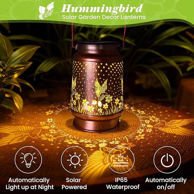 2Pcs Hummingbird Solar Lantern, Outdoor Yard Decorations Lamp Waterproof Metal Garden Patio Decor Hanging Lights for Birthday Mothers Day Women Mom Grandma Sister Friend Daughter Christma Gift Idea