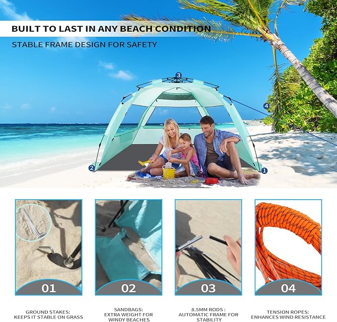 Beach Tent for 3-4 People, Pop-Up Beach Tent Automatic Setup, UV Protection, Extendable Floor, Ventilating Windows, Portable Outdoor Sun Shelter, Green