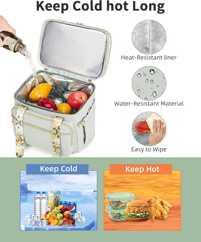 Double Deck Lunch Box for Women, Expandable Insulated Large Lunch Bag Women Leakproof Lightweight Lunch Cooler Bag Durable Lunchbox for Work Outdoor Travel, Green