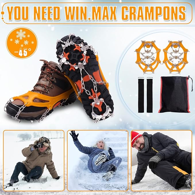 WIN.MAX Crampons for Shoes, Traction Cleats Ice Snow Grips with 19 Stainless Steel Spikes, Shoe Talons Anti - Slip Boots Spikes for Walking, Jogging, Climbing and Hiking