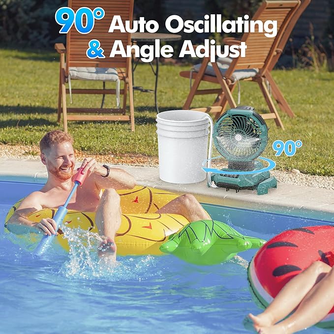 Portable Misting Fan, 4 Powerful Speed & 4 Spray Modes, 30000mAh Battery Powered, Remote Control, Auto Oscillation with Adjustable Base fit for 10-13 inch Bucket for Outdoor Camping Beach Travel