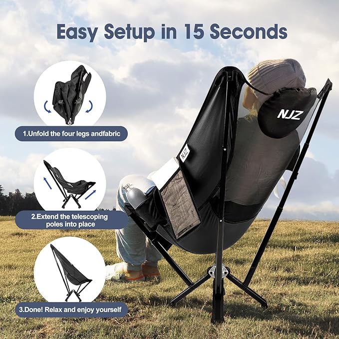 High Back Camping Chair,Outdoor Comfortable Chair for 600 LBS Capacity Oversized Camping Chair with Comfortable Backrest & Headrest, Quick Setup - Compact Folding Chair(Black)