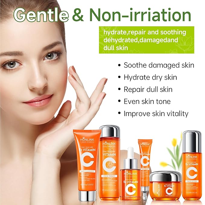 Glown 6-Piece Hydrating Skincare Set with Vitamin C & Niacinamide | Face & Body Care Kit with Cleanser, Toner, Serum, Moisturizer, Eye Cream & Body Lotion | Self-Care Gift Set for Women