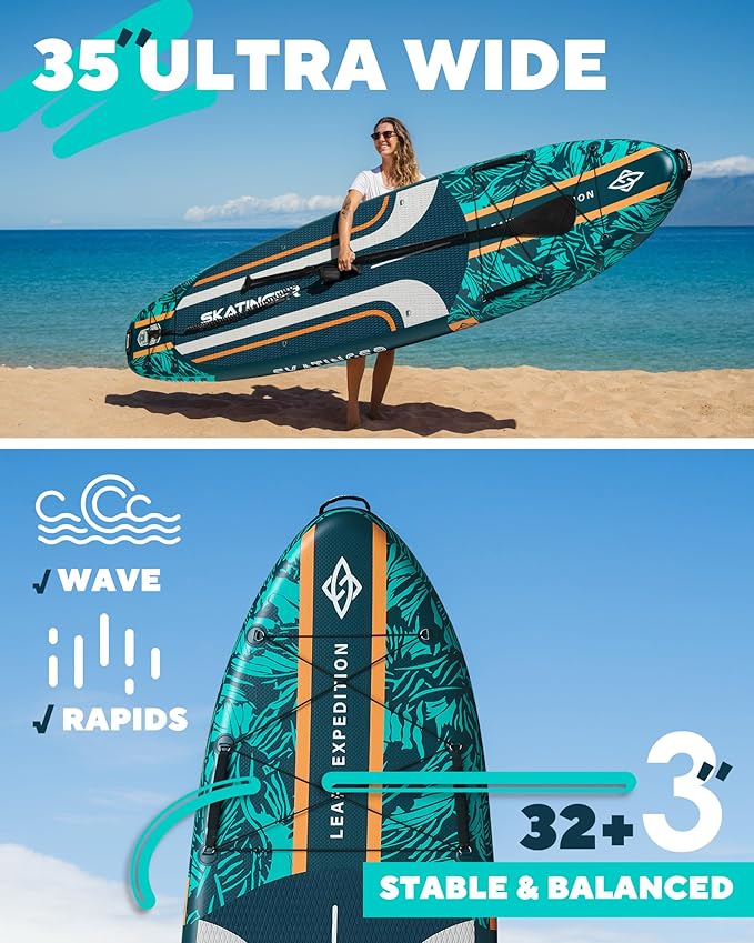 11'6×35" Super Wide Inflatable Paddle Board, Ultra Stable Stand Up Paddleboards for 450lb/3 People/Family/Big Size, Shoulder Strap, 5 Handles, 100L Backpack, All-Round Sup Board, US Fin