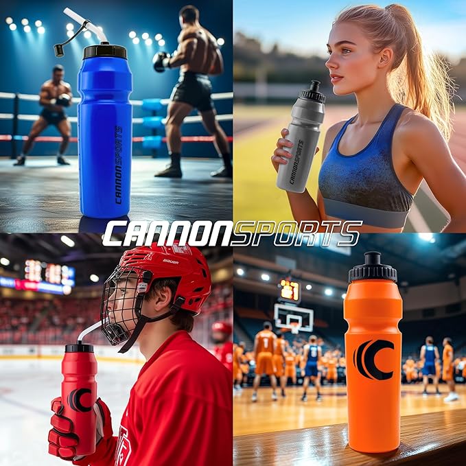 Cannon Sports 1 Liter Sports Water Bottle, BPA-Free, 34 Oz Capacity, Large Mouth, 2 lids (Straw and Squeeze), Great For Helmet Sports Such As Hockey, Lacrosse, Football, Boxing (6 Pack) (Orange)