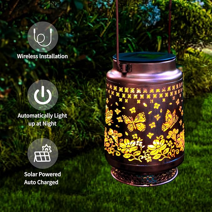 Solar Lantern Lights Outdoor AOSITE Butterfly Solar Lanterns Outdoor Waterproof Metal Solar LED Lights Outside for Backyard, Patio, Yard, Porch, Lawn Camping, Outdoors Decorative,Mothers Day Gifts