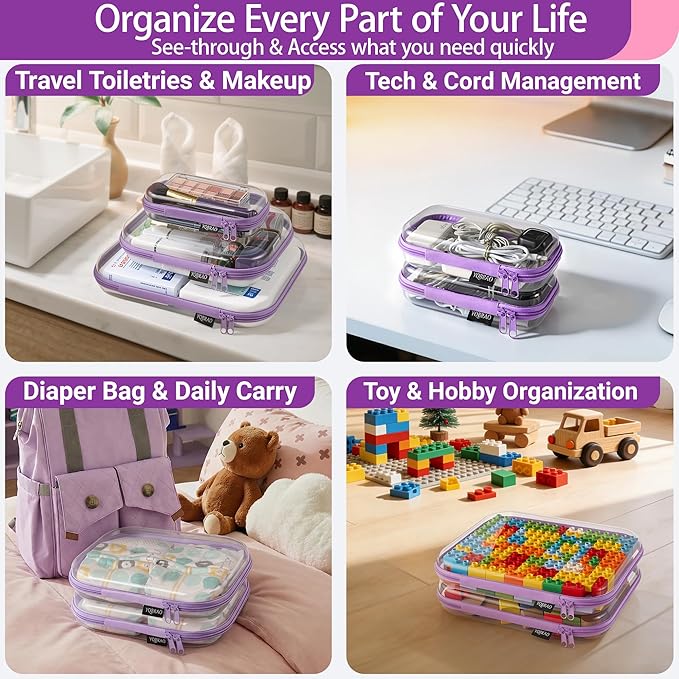 YQBRAO 3-Pack Clear Hard Shell Zipper Case - Purple Edition, 1.2mm Heavy-Duty Crush-Proof Travel Makeup Bag, TSA Approved Clear Zipper Pouches, Rigid Diaper Bag Organizer for Tech & Daily Essentials
