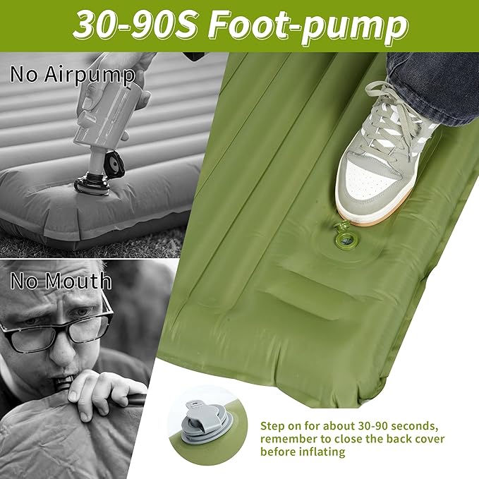 40D Self-Inflating Camping Pad, Insulated Ultralight Sleeping Mat for Backpacking, Winter Camping, 2-Layer Anti-Leak Design w/Built-in Pillow, Foot Pump Foldable Pad, Army Green