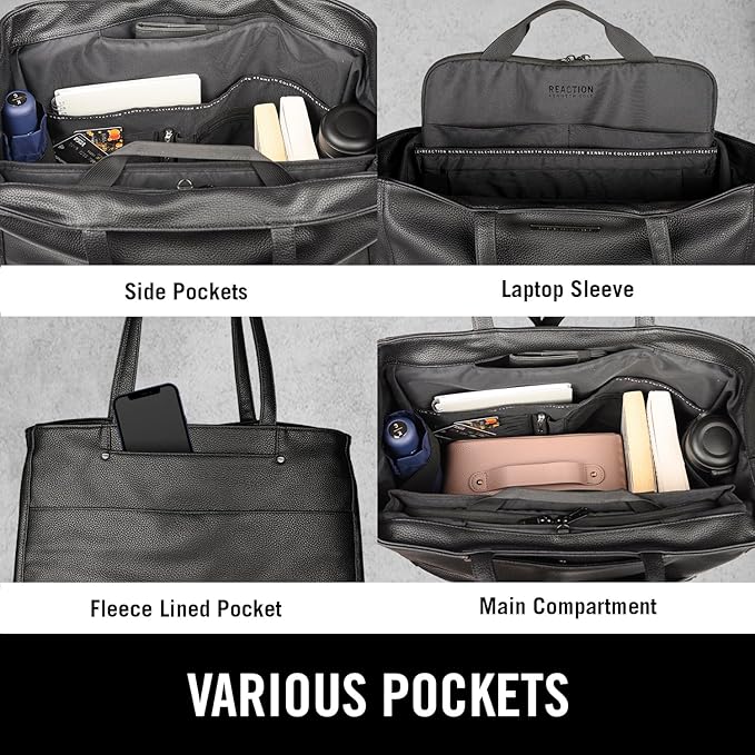 Kenneth Cole REACTION Marley Women’s Pebble Vegan Leather 16" Laptop Tote with Removeable 14" Laptop Sleeve, Black