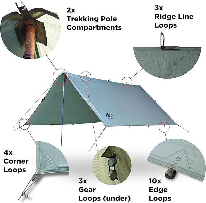 Camping Tarp 10x10 ft (3x3 m) Waterproof Lightweight Rain Fly - Backpacking, Hammock Shelter, Emergency Survival Tent, Durable, Compact All-Weather Cover