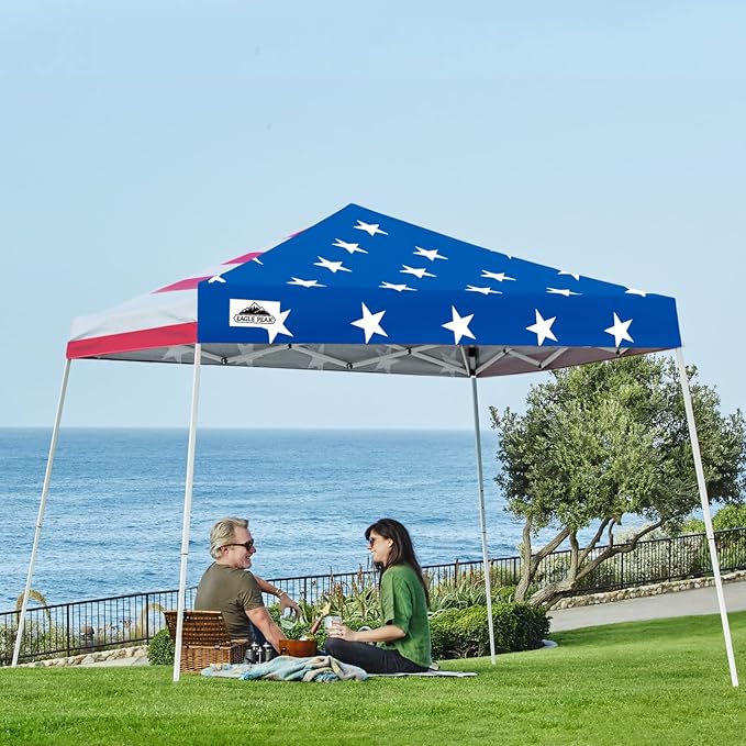 EAGLE PEAK 10x10 Slant Leg Pop-up Canopy Tent Easy One Person Setup Instant Outdoor Beach Canopy Folding Portable Sports Shelter 10x10 Base 8x8 Top (American Flag)