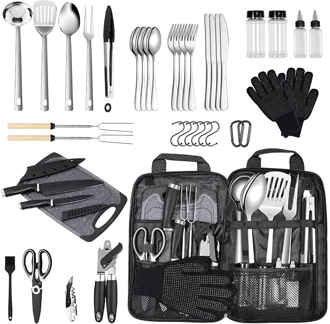 Camping Kitchen Utensil Set Outdoor Cooking Set Accessories Camping Cookware Kit for Travel, RVs, BBQs Stainless Steel Portable Camping Essentials Cooking Knife Set