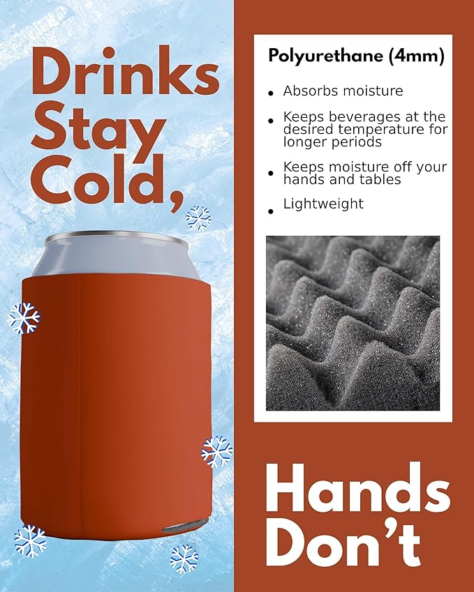 PartyPrints 25 Pack Texas Orange Blank Can Cooler Sleeves, Customizable Bulk Insulated Foam for Beer, Collapsible Plain Drink Holder, Cold Soda Insulator, 12oz Regular, 16oz Tall Cans
