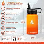 HYDRO CELL Stainless Steel Insulated Water Bottle with Straw - For Cold & Hot Drinks - Metal Vacuum Flask with Screw Cap and Modern Leakproof Sport Thermos for Adults (Red/Orange 14oz)