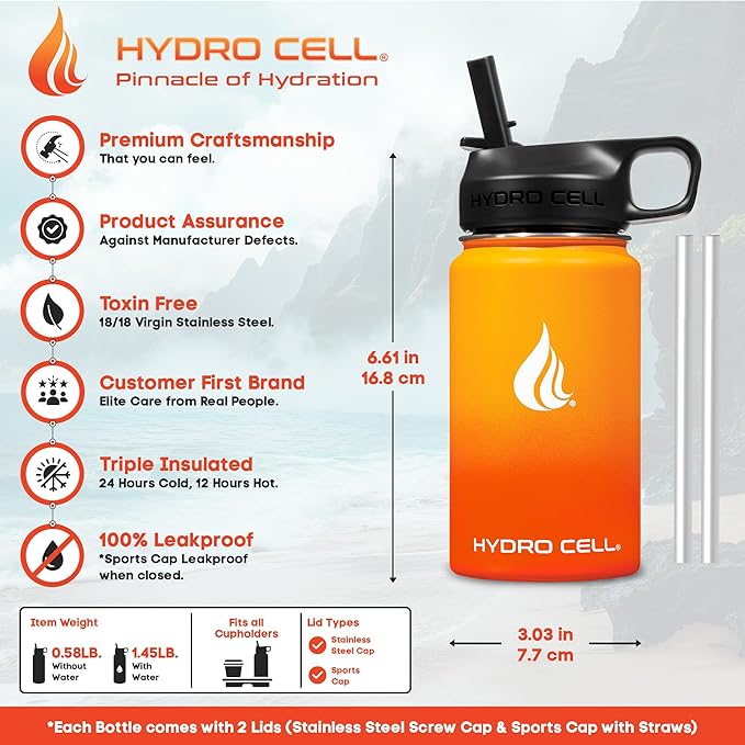 HYDRO CELL Stainless Steel Insulated Water Bottle with Straw - For Cold & Hot Drinks - Metal Vacuum Flask with Screw Cap and Modern Leakproof Sport Thermos for Adults (Red/Orange 14oz)