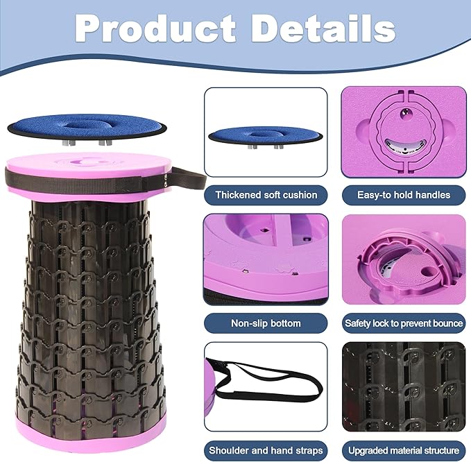 ALEVMOOM 2025 Upgraded XXL 19.7" Collapsible Stool with Cushion, 1000lbs Max Weight Heavy Duty Portable Telescoping Stool, Retractable Seat Folding Chair for Camping Fishing Hiking(Purple-XXL)