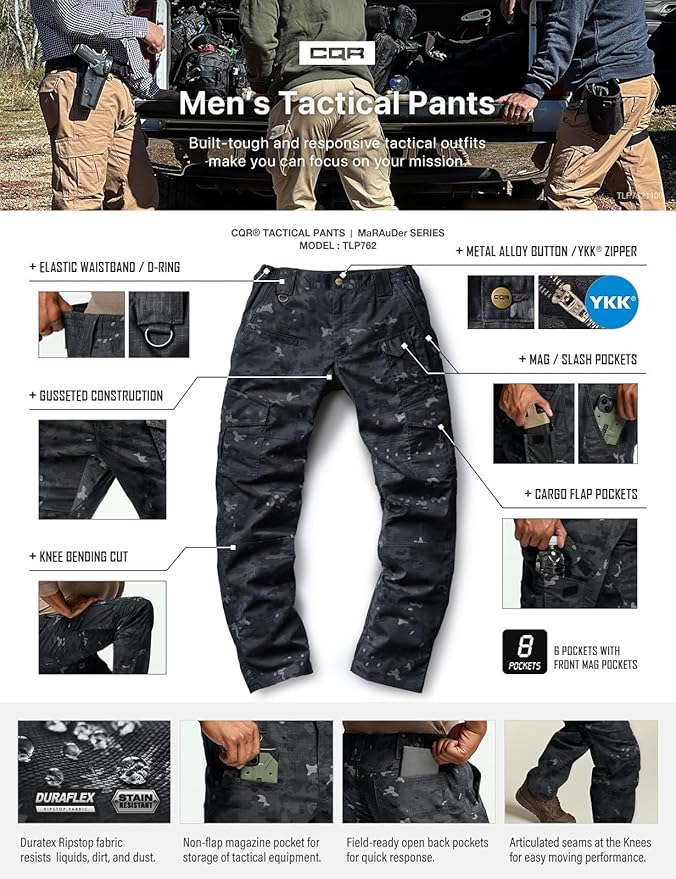 CQR Men's Flex Ripstop Tactical Pants, Water Resistant Stretch Cargo Pants, Lightweight EDC Hiking Work Pants