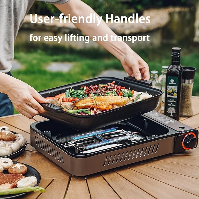ONLYFIRE Butane Stove with Grill Pan, Portable Stove with Small Griddle & Lid, Camping Stove Instant Ignition, Camp Stove for Cooking, Patio Backyard, Camping, RV and Emergency Use, GS349