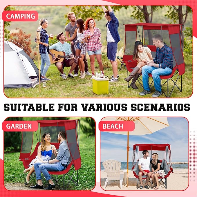 Double Camping Chair with Canopy Shade Oversized 2 Person Camping Sofa Fully Padded Folding Loveseat with Cup Hold and Storage Bag Sturdy for Lawn Beach Fall Outdoor Activities(Dark Red)