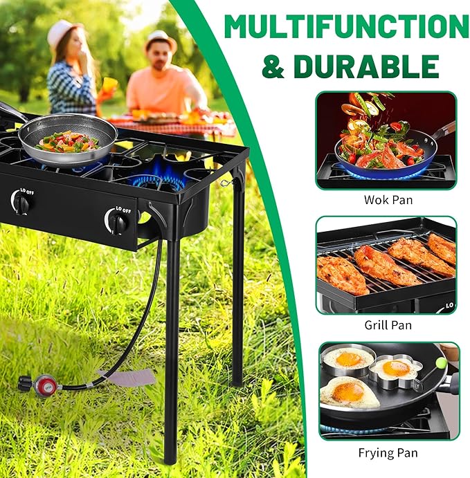 Outdoor Camping Stove, 225000 BTU, Propane Gas Cooker with Detachable Legs, High Pressure 3 Burner, 30 PSI Regulator