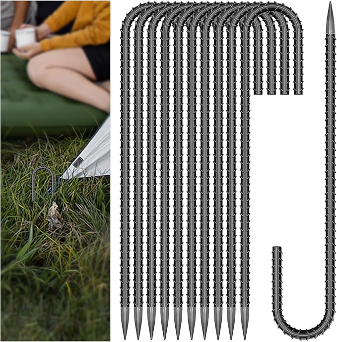 30 Pieces 12 Inch Long 5/16 Inch Diameter Rebar Tent Stakes Heavy Duty, Ground Anchors,Rebar Yard Fence Metal Lawn Bounce House Stakes Heavy Duty, Chain Link Fence J Hooks for Garden Wire Fencing
