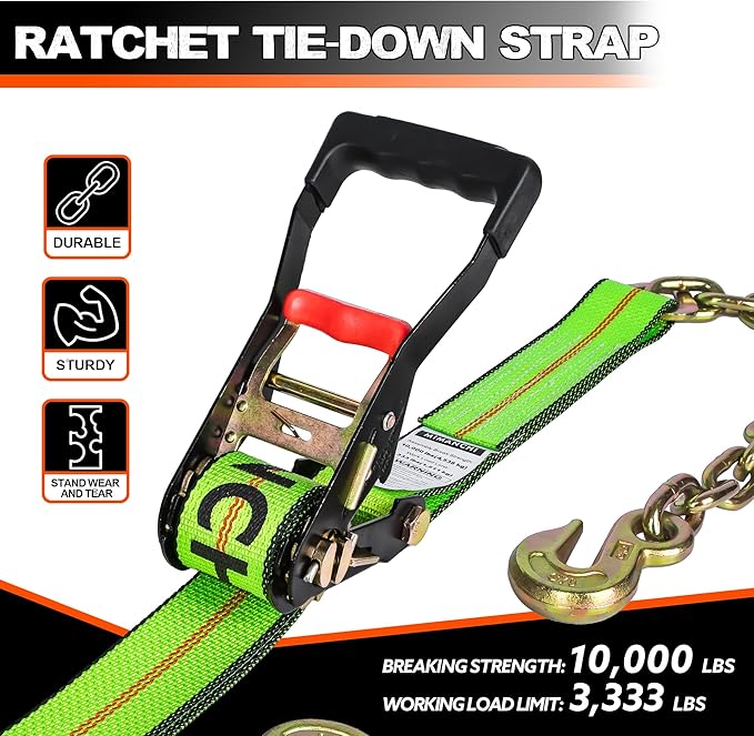 2" x 27' Ratchet Straps with Chain Extension and Grab Hooks,Heavy-Duty Tie Down Straps 3,333 lbs Working Load Limit and 10,000 lbs Break Strength for Cargo Straps for Secure Transport 4Pac