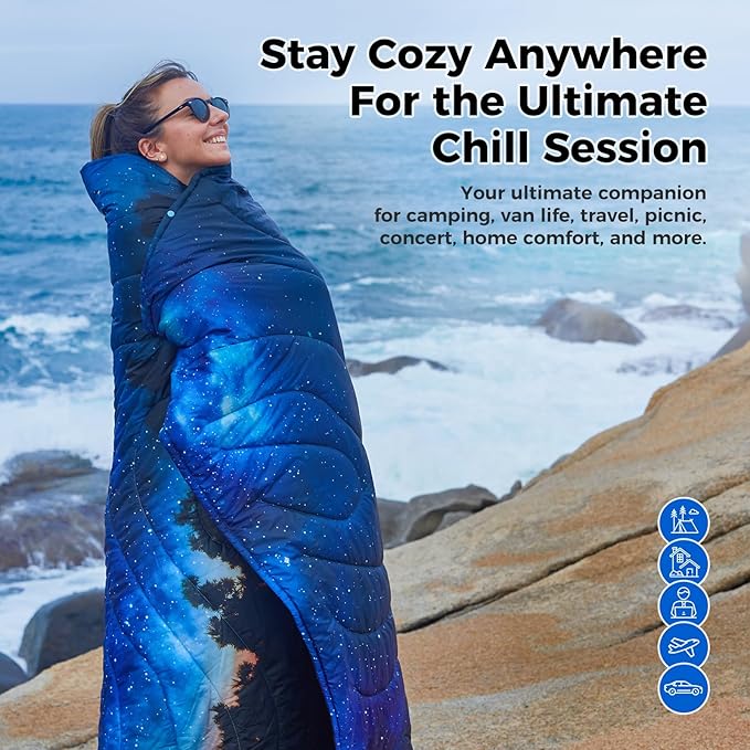 KingCamp Ultralight Camping Blanket, Packable Down Alternative Puffy Printed Wearable Blanket with Snap Buttons & Corner Loops Weatherproof Quilt for Outdoor Travel Stadium (79"L x 57"W, STARRYSKY)