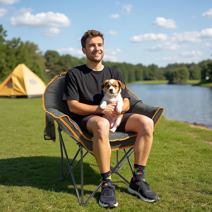 Oversized Padded Comfy Camping Chair for Adults, Portable Padded Lawn Chair, Weight Capacity 400 LBS, Heavy Duty Moon Leisure Folding Chair for Camping, Hiking, Carry Bag, Orange (2 Pack)