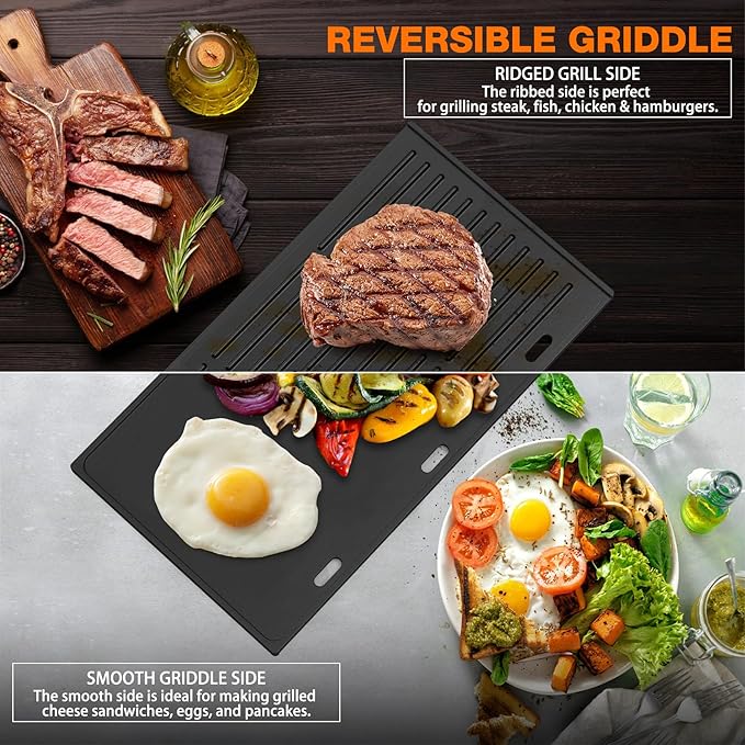 Onlyfire Universal Cast Iron Griddle, Reversible Cooking Griddle for Gas/Charcoal Grills, 17.3" x 9.6"