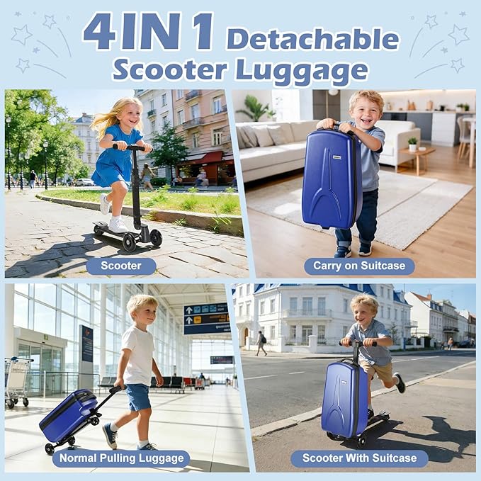 Scooter Luggage for Kids Scooter Suitcase for Ages 4-12, 4 in 1 Kids Luggage Boarding Suitcase Detachable & Foldable Scooter Travel Trolley Ride On Luggage-Blue