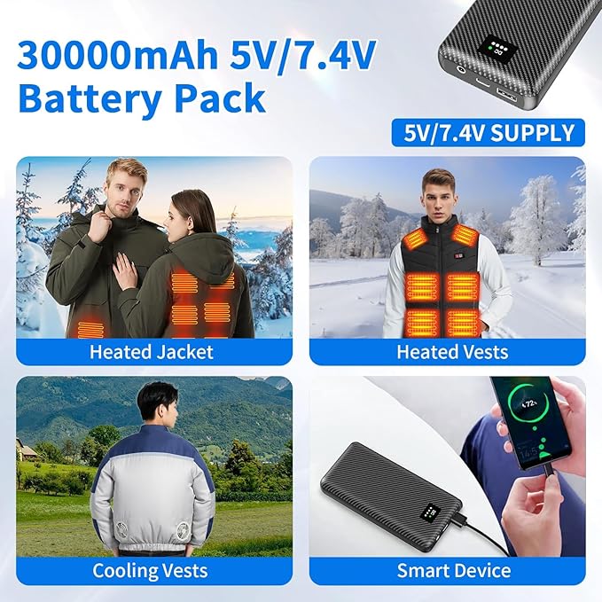30000mAh Heated Vest Battery Pack 7.4V Heating Vest Battery Bank Power Bank with LED Display DC/USB//Type-C Portable Chargers for Heated Jacket Coat Warming Clothing(Black Grey)
