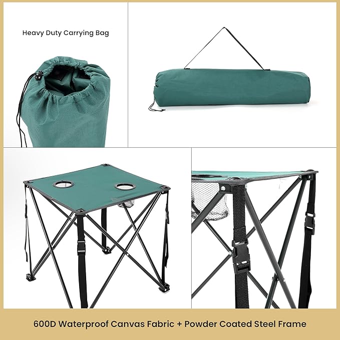 ARROWHEAD OUTDOOR 26” (66cm) Portable Camping Folding Table, 2 Cup Holders, Square, Carrying Case, Steel Frame, High-Grade 600D Canvas