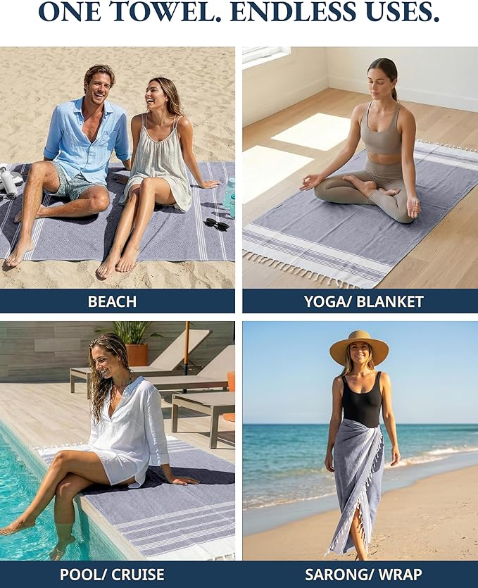 LANE LINEN Beach Towel 2 Pack - Beach Towels Oversized, Pre-Washed Large Beach Towels, Sandless Beach Towel, Quick Dry Travel Towel, Large Pool Towels, 39"x71" - Navy Blazer