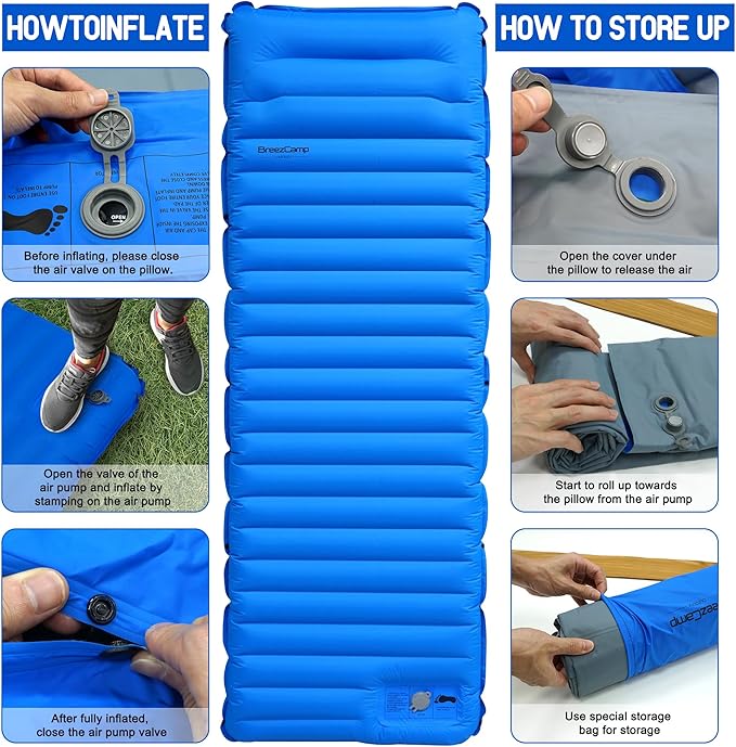 Camping Sleeping Pad,Ultralight Inflatable Camping Pads with Pillow & Foot Pump for Outdoor Hiking Travel Tent Backpacking Trip Car Camp Gear, Airpad Carry Bag,Compact Camping Mat, Blue