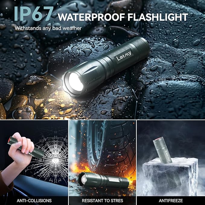 LETMY Tactical Flashlight - 2 Pack Bright Military Grade LED Flashlights High Lumens - Portable Handheld Flash Light, 5 Modes Zoomable Waterproof Flashlights for Home Emergency Camping- Gray
