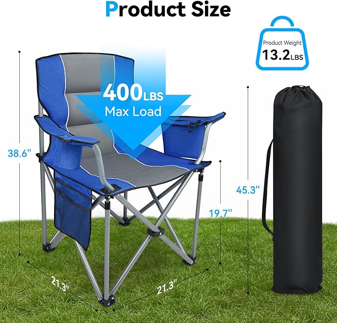 Oversized Camping Chairs for Adults, Folding Chairs for Outside Heavy Duty - 400lbs Support with Cup Holder, Cooler Bag and Side Pocket, Portable for Lawn, Outdoor Sports