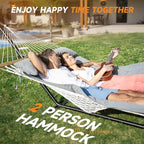 2 Person Outdoor Hammock with Stand, Cotton Rope Hammock with Polyester Pad, Adjustable Steel Frame, Portable with Carrying Bag – for Patio, Backyard, Garden, Beach,Dark-Gray