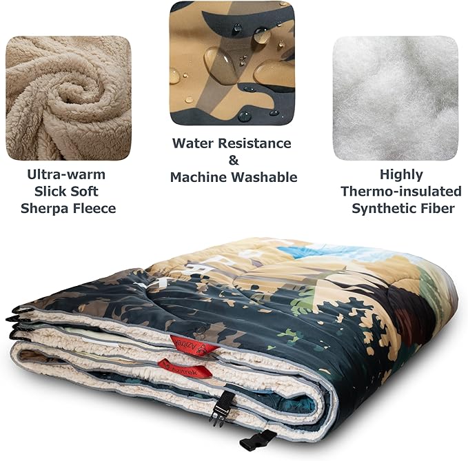 Sherpa Puffy Outdoor Blanket for Camping, Traveling, Car, Picnics, Beach, Concert, Stadium Sporting Events - Wearable, Machine Washable, Soft, Warm, Waterproof - 55 X 78 (Yellowstone NP)