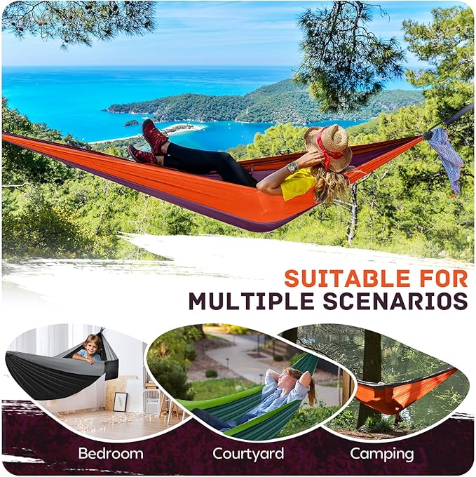 Camping Hammock Lightweight, Portable Hammocks Parachute Hammock with Two Tree Straps, Single or Double Travel Swing Nylon Camp Hammocks, Outdoor Essentials for Beach Backpacking Hiking, Orange