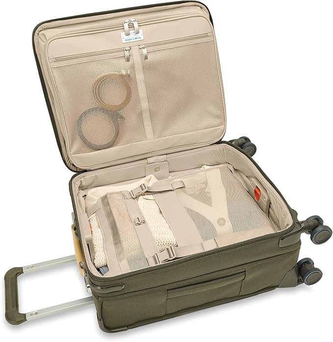 Briggs & Riley 21" Global Carry On Expandable Spinner - Luggage for International Travel, Suitcases with Wheels, Softside Rolling Bag for Men & Women, Self-Repairing Zipper- Baseline Collection, Olive