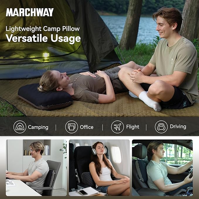 MARCHWAY Inflatable Camping Pillow with Soft Foam Top & TPU Air Bladder, Dual-Sided Support for All-Season, Lightweight Compact Travel Pillow for Hiking, Backpacking, Airplane, Car (Black)