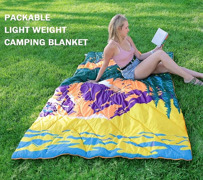 Camping Blanket, Puffy Waterproof Travel Blanket, Warm Cozy Picnic Blanket, for Outdoors, Travel, and Mountain.(Mountain, 78" x 56")