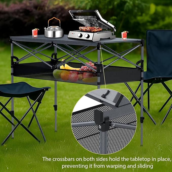 Camping Table Foldable, 2 Adjustable Height 34.2”, Large Roll Up Camping Table Support 264lbs with Storage Basket and Bag, Aluminum Outdoor Table, for Picnic Travel BBQ, 39.4” x 19.7”, Black