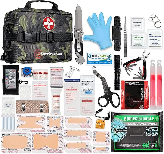 Surviveware 119 Pcs Comprehensive Premium Survival First Aid Kit - Medical Emergency Kit for Travel Camping Gear, Home Essentials & Outdoor Emergencies - HSA & FSA Eligible Survival Kit