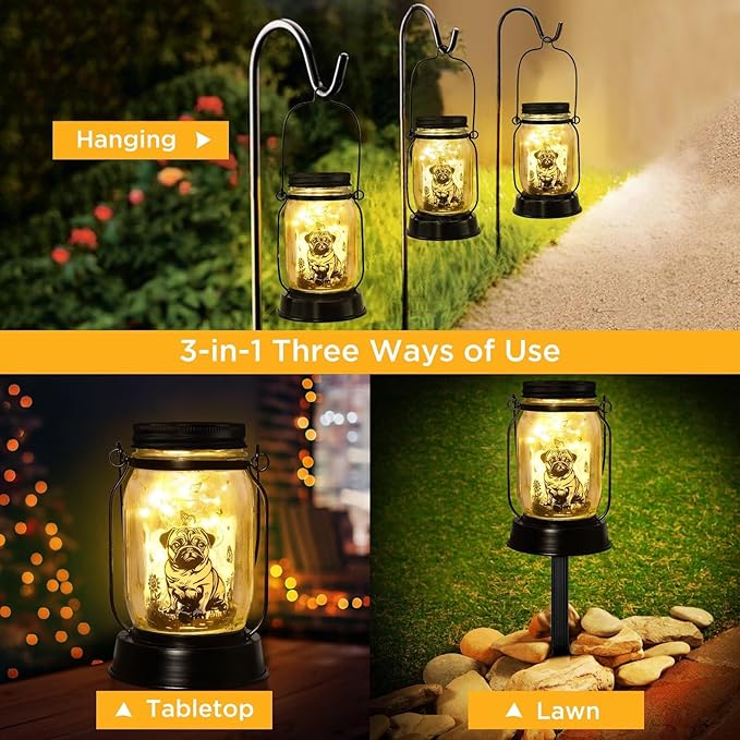 kyoryuger Pug Dog Gifts for Women/Men Pug Dog Solar Lanterns Mom Birthday Gift Pet Loss Lantern Pet Memorial Lights Solar Garden Decoration for Yard, Patio,Backyard,Porch Torches