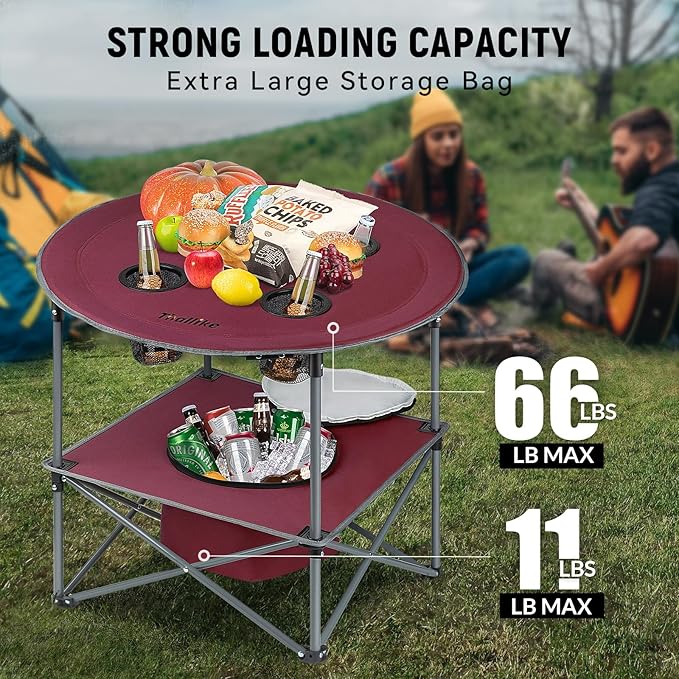 Portable Lightweight Folding Camping Table - Collapsible Foldable Picnic Camp Table with Cooler 4 Enlarged Upgraded Cup Holders and Carry Bag for Tailgating Beach BBQ RV Hiking Party Travel