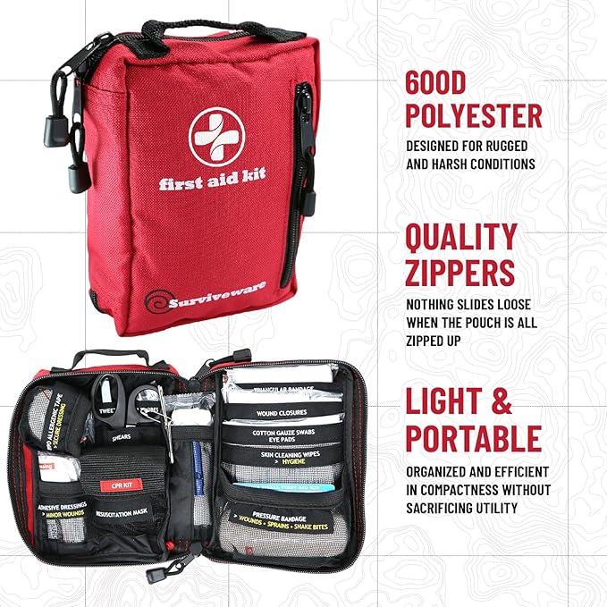 Surviveware 98 Pcs Comprehensive Premium Survival First Aid Kit - Medical Emergency Kit for Travel Camping Gear, Home Essentials & Outdoor Emergencies - HSA & FSA Eligible Survival Kit