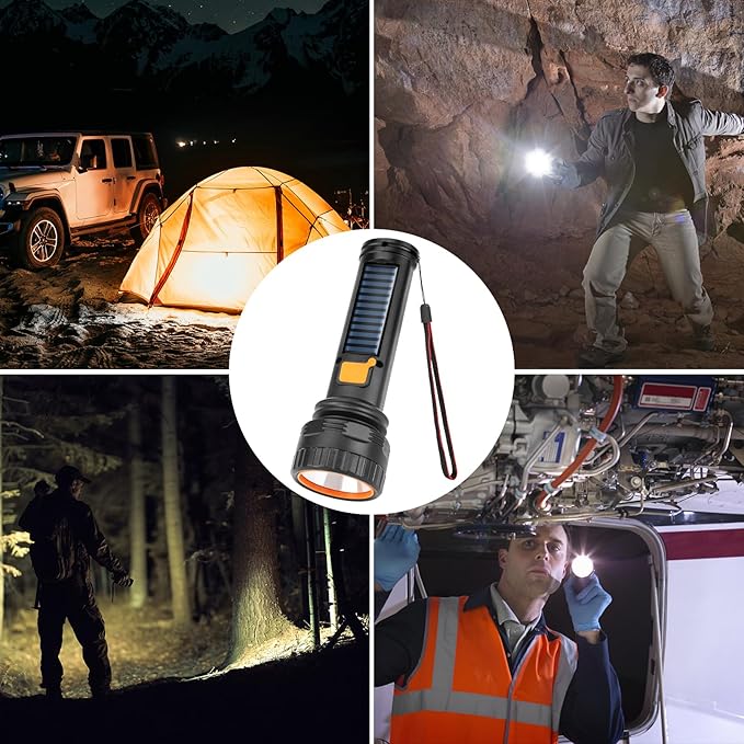 Solar Flashlights, 1500 Lumens Led Solar Powered Flashlights with Digital Display 2000mAh Battery Rechargeable Handheld Flashlights IP65 Waterproof Flashlights for Survival Emergencies, 2 Pack