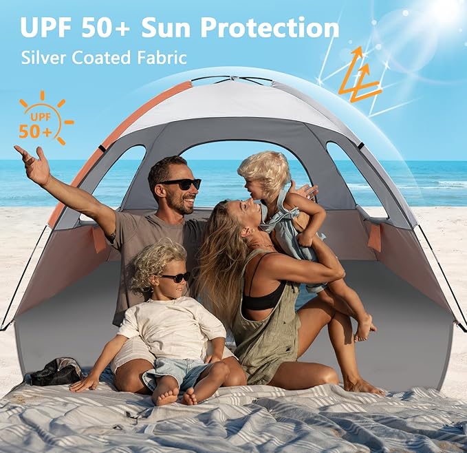 NXONE Beach Tent Sun Shade Shelter for 3/4/6 Person Person with UV Protection, Extended Floor, 3 Mesh Roll Up Windows & 8.0/8.5mm Fiberglass Rods丨Carry Bag Included