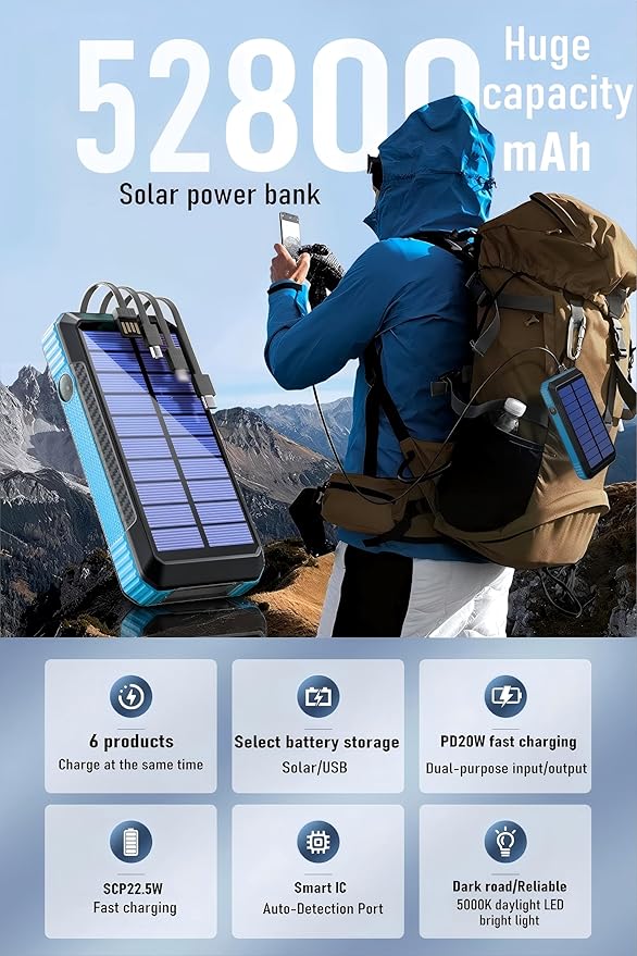 DJKK Solar Power Bank Portable Wireless Charger 52800mAh Built in 4 Cables and LED Camping Lights 22.5W Fast Charging Power Bank 7 Outputs 4 Inputs Charger Compatible with All Mobile Devices (Blue)